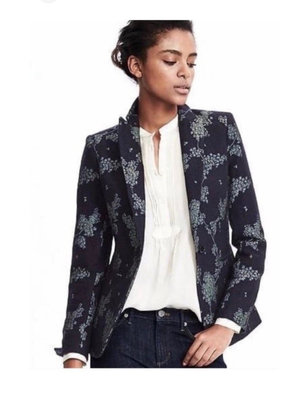 Banana Republic Heritage Wool Blend  Navy Floral Accent Blazer 8 Money Luxury